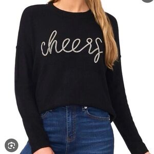 NWT CeCe Women’s "Cheers" Beaded Script Crewneck Long-Sleeve Sweater